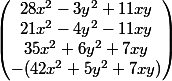 \begin{pmatrix}28 x^2 -3y^2+11xy \\ 21 x^2 -4y^2-11xy \\ 35 x^2 +6y^2+7xy \\ -(42 x^2 +5y^2+7xy) \end{pmatrix}